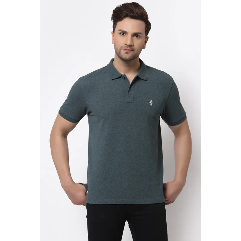 Men's Green Melange Polo Neck T-Shirt