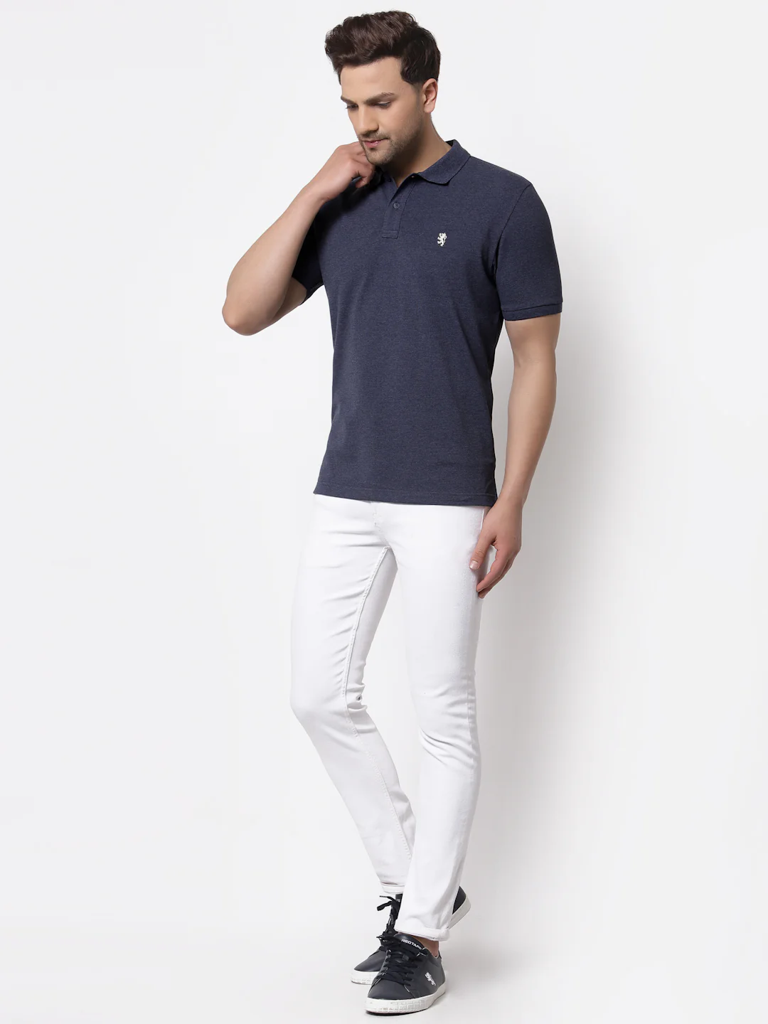 Men's Grey Melange Polo Neck T-Shirt - Image 5