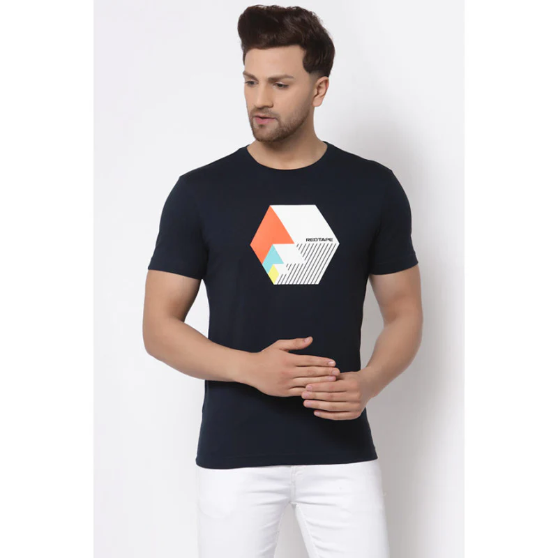 Men's Navy Round Neck Pure Cotton Graphic Print T-Shirt