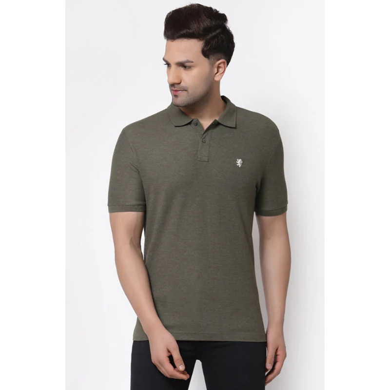 Men's Olive Solid Polo Collar Poly Cotton Melange T-Shirt