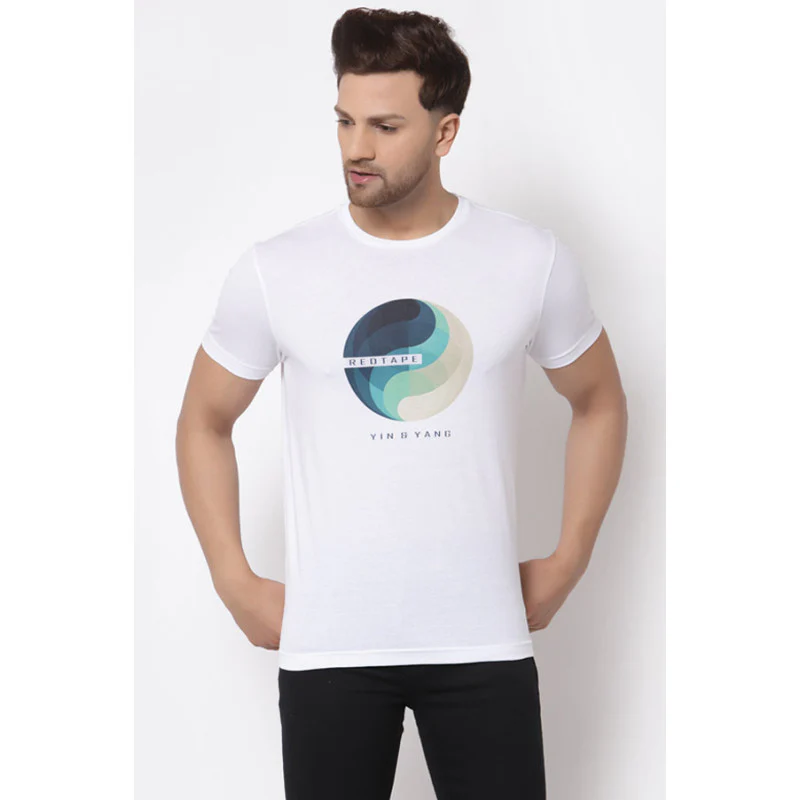Men's White Round Neck Pure Cotton Graphic Print T-Shirt