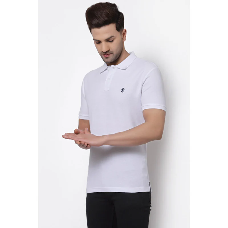 Men's White Solid Polo Collar Pure Cotton T-Shirt - Image 2