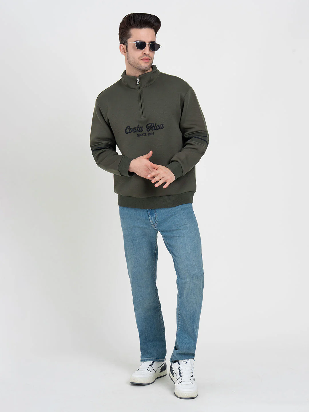Olive Half Zip Sweatshirt with Embroidery for Men | Winter Sweatshirts for Everyday Style