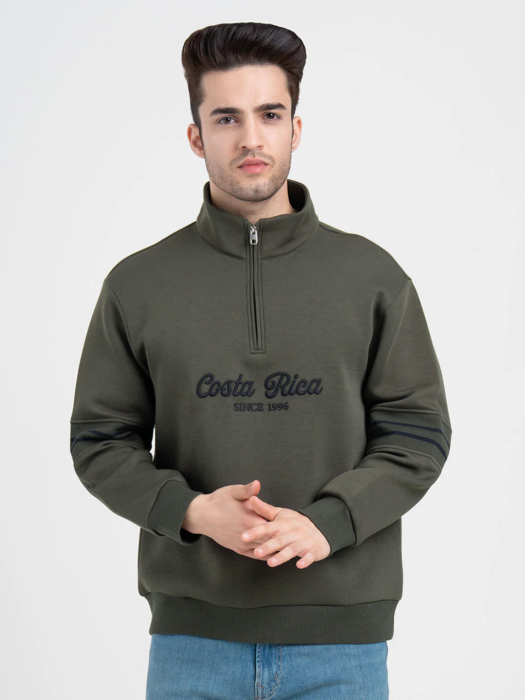 Olive Half Zip Sweatshirt with Embroidery for Men | Winter Sweatshirts for Everyday Style - Image 3