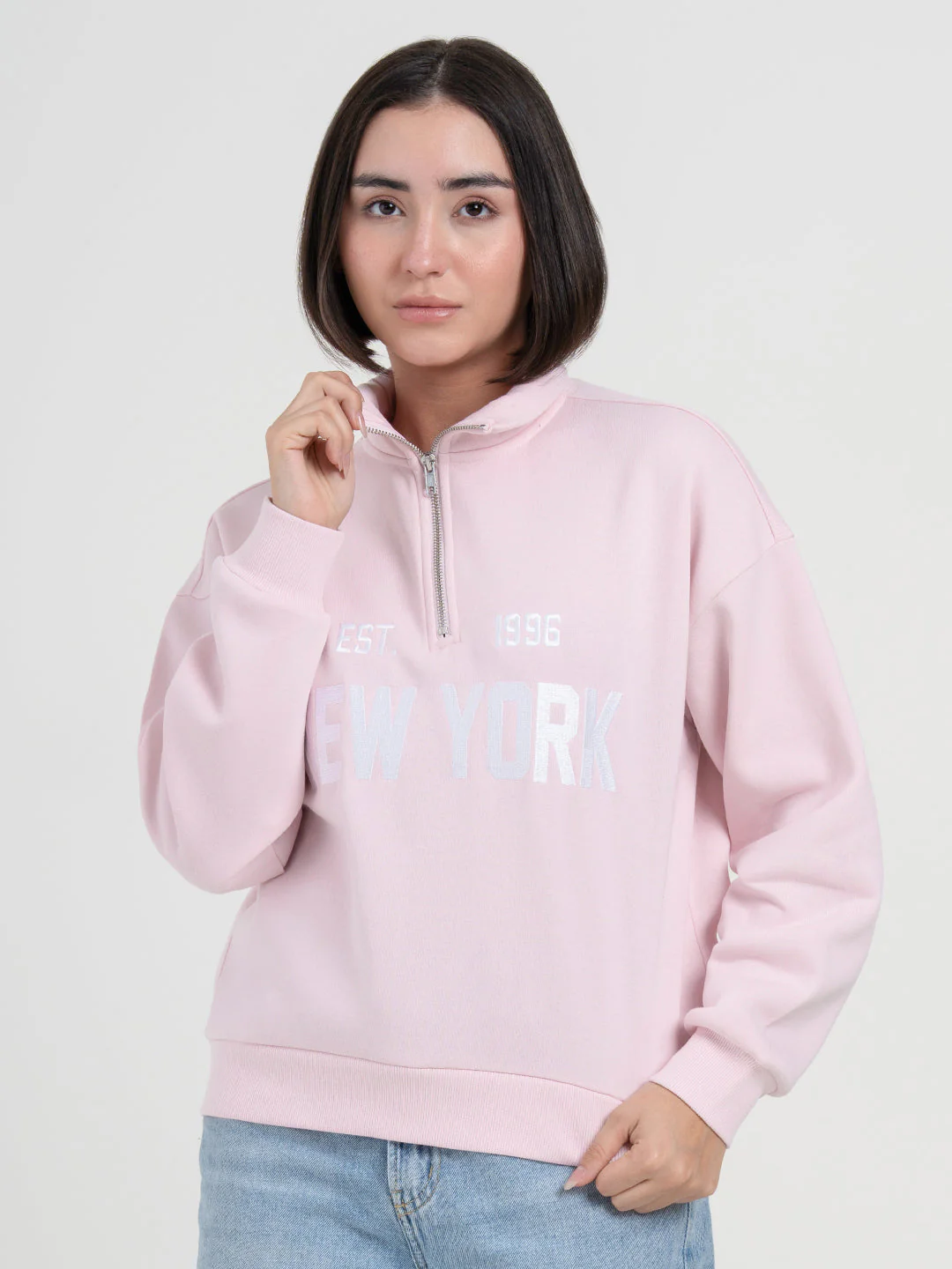Pastel Pink Half-Zip Sweatshirt for Women | Winter Casual Comfort - Image 3