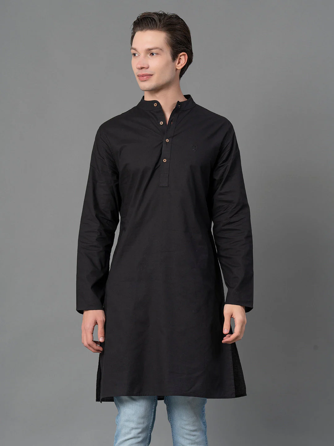 Solid Black Mid-Length Kurta for Men