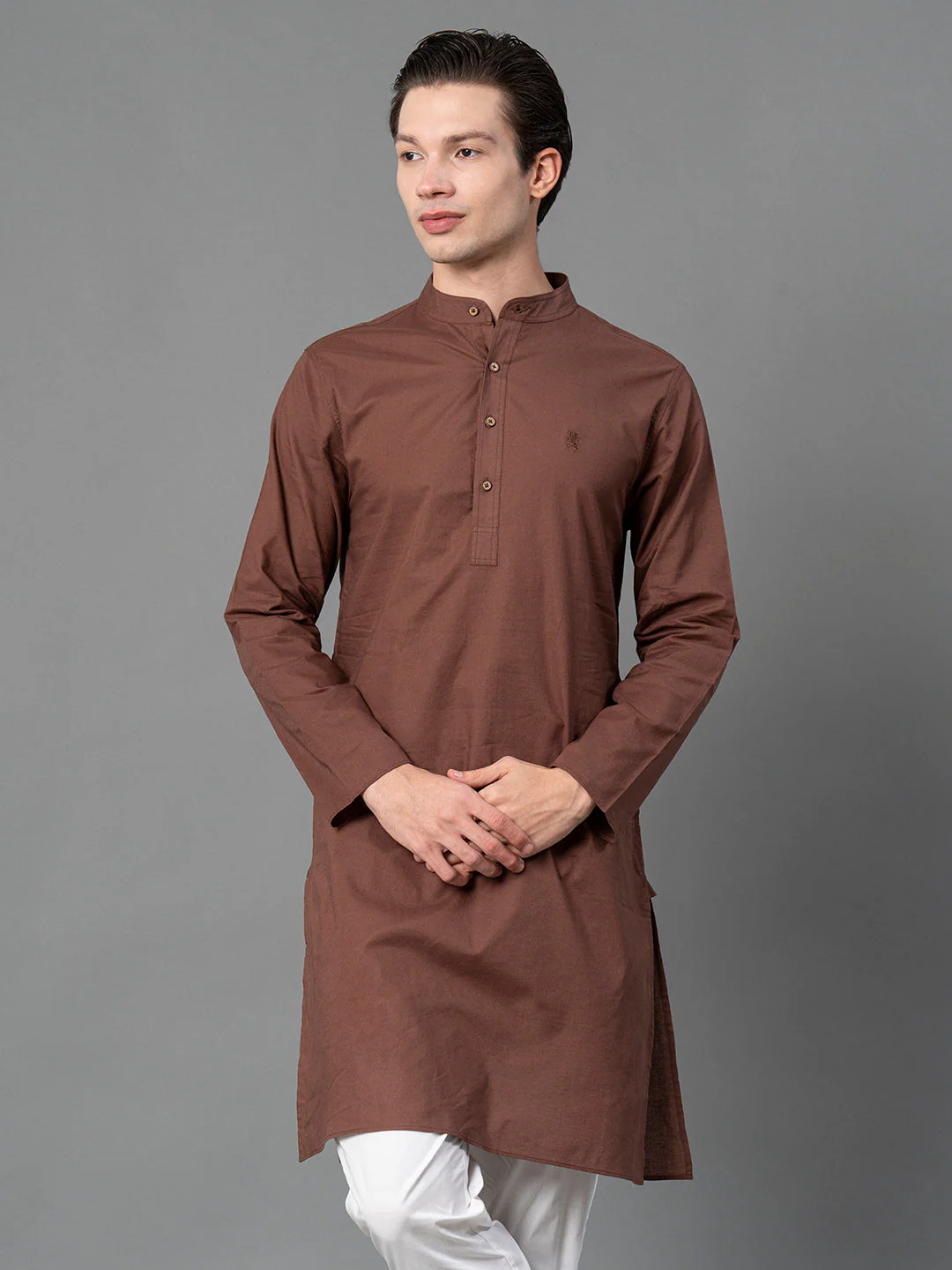 Solid Brown Mid-Length Kurta for Men