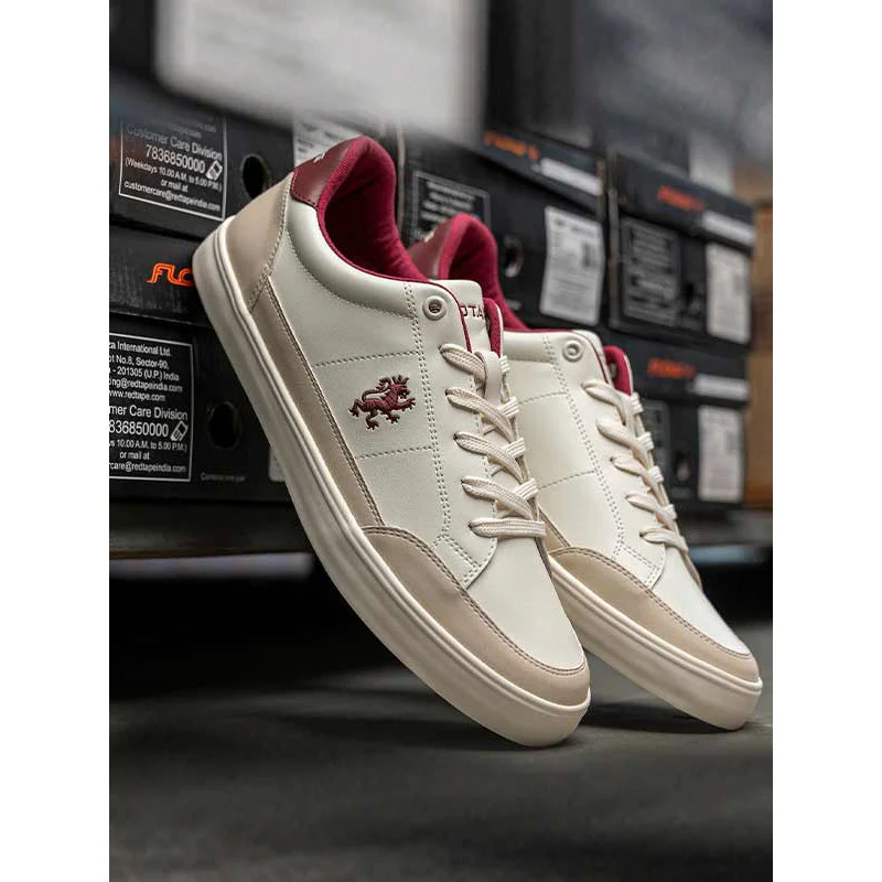 White and Maroon Sneaker Casual Shoes For Men | Soft Cushion Insole, Slip-ResisTance, Dynamic Feet Support, Arch Support & Perfect For Casual Wear