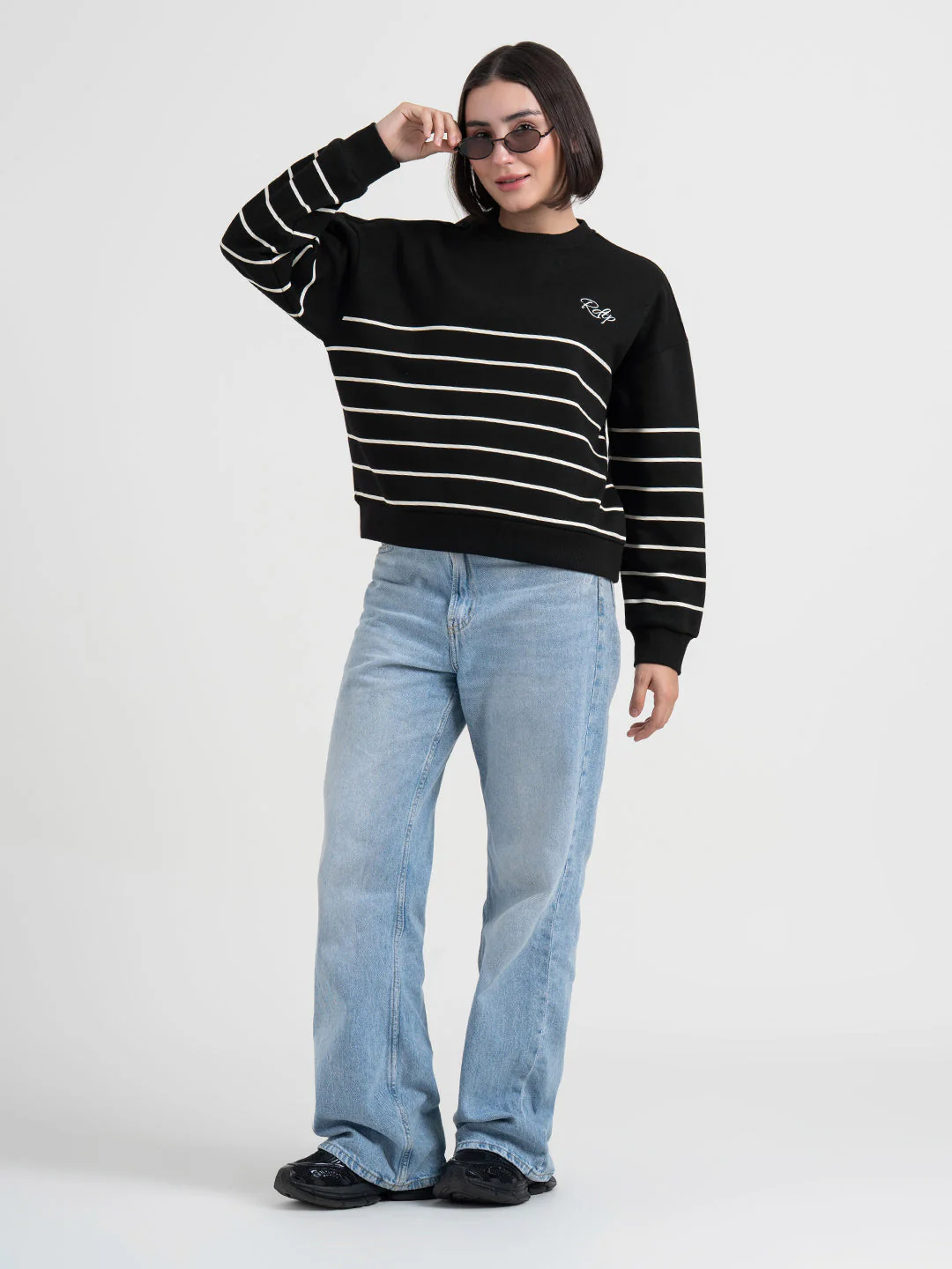 Women's Black Striped Sweatshirt | Casual Everyday Comfort