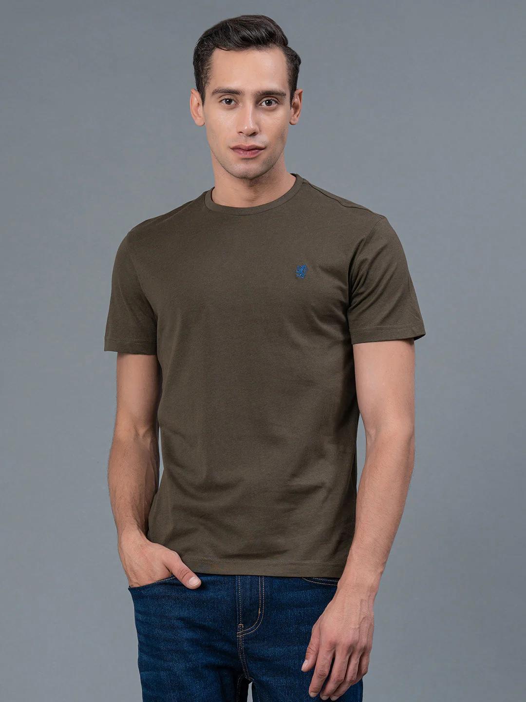Solid Dark Olive Round Neck T-Shirt for Men