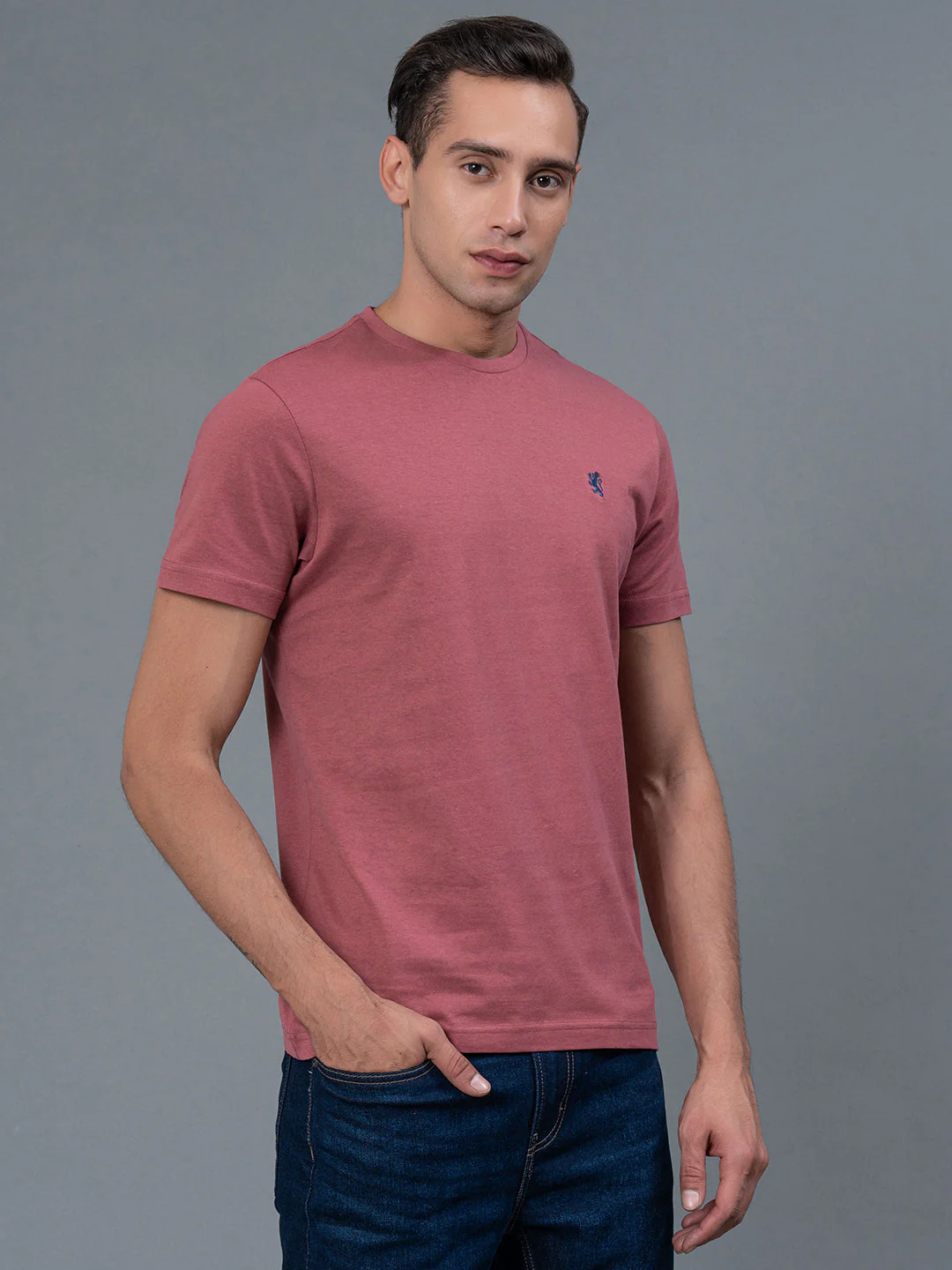 Solid Dusky Pink Round Neck T-Shirt for Men - Image 2