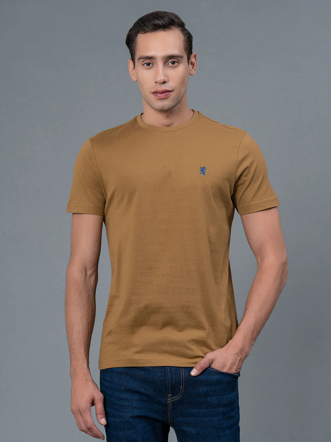 Solid Light Camel Round Neck T-Shirt for Men
