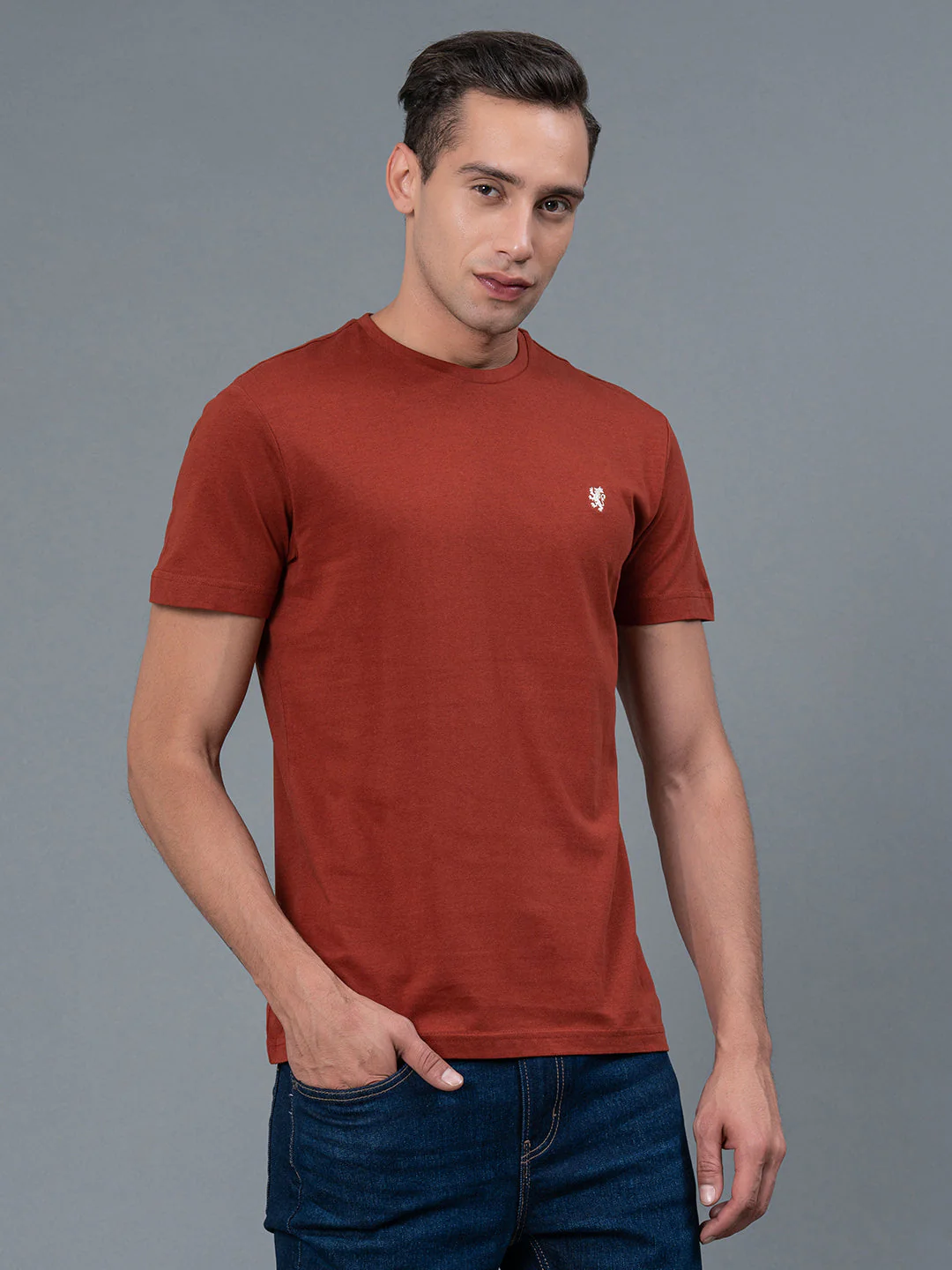Solid Rust Round Neck T-Shirt for Men - Image 2