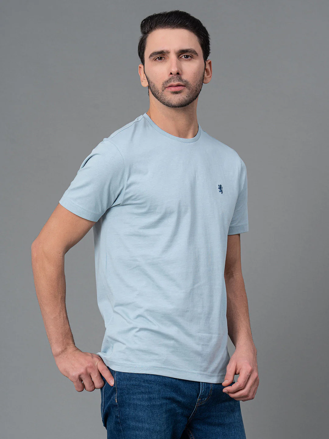 Solid Sky Blue Round Neck T-Shirt for Men - Image 2