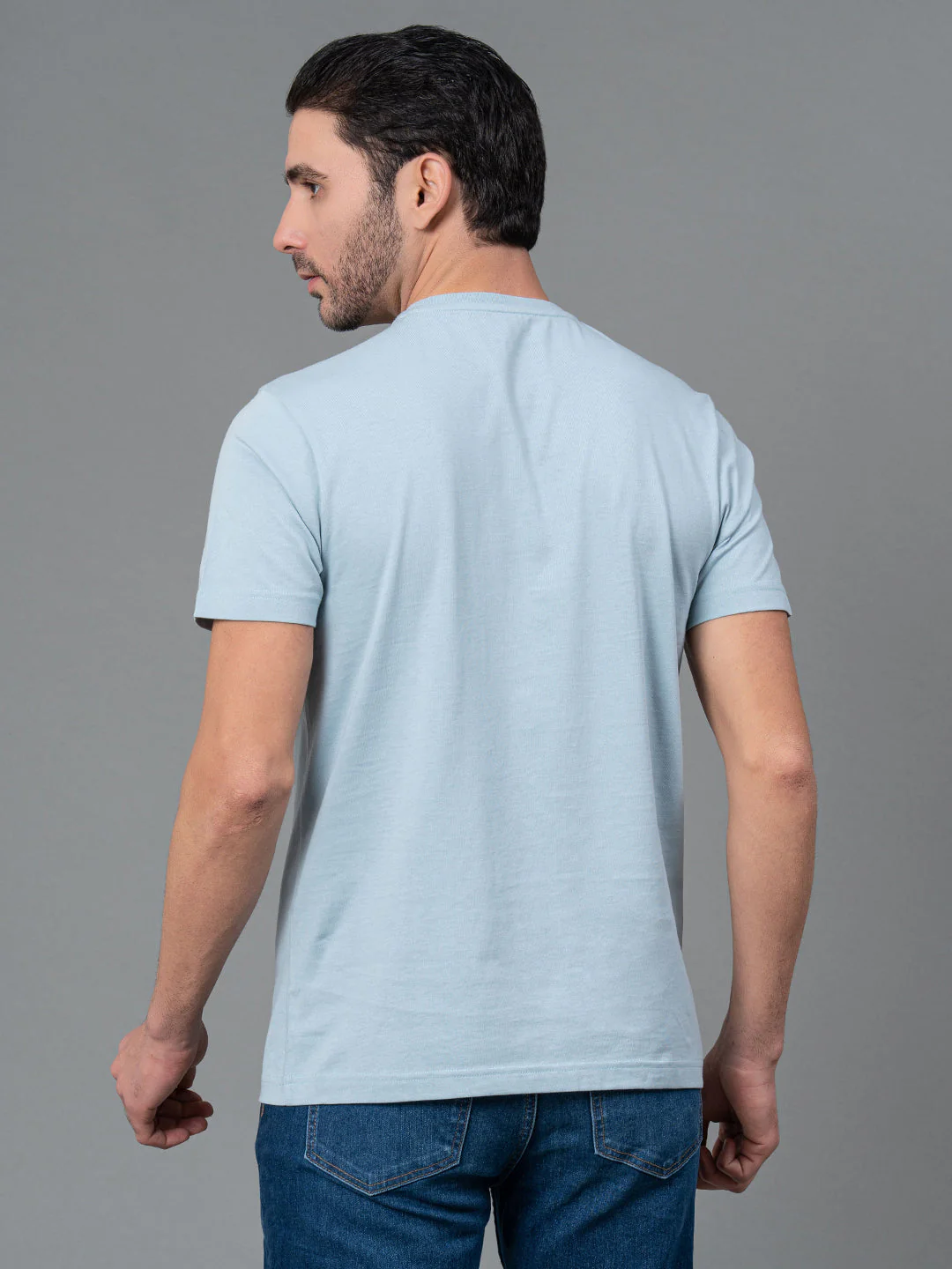 Solid Sky Blue Round Neck T-Shirt for Men - Image 3