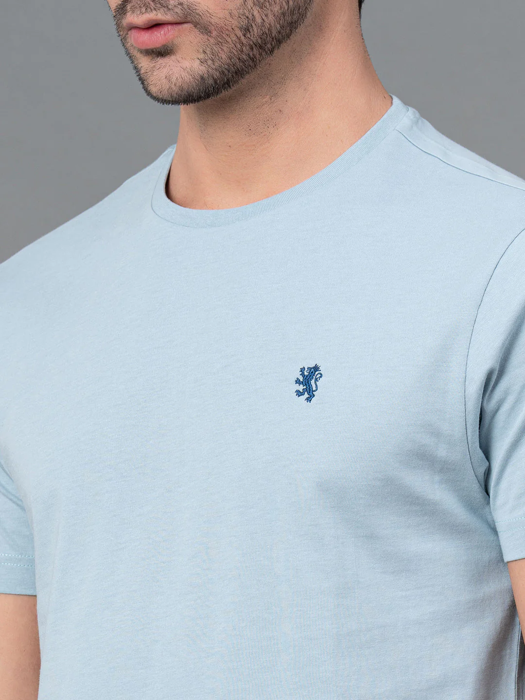Solid Sky Blue Round Neck T-Shirt for Men - Image 4