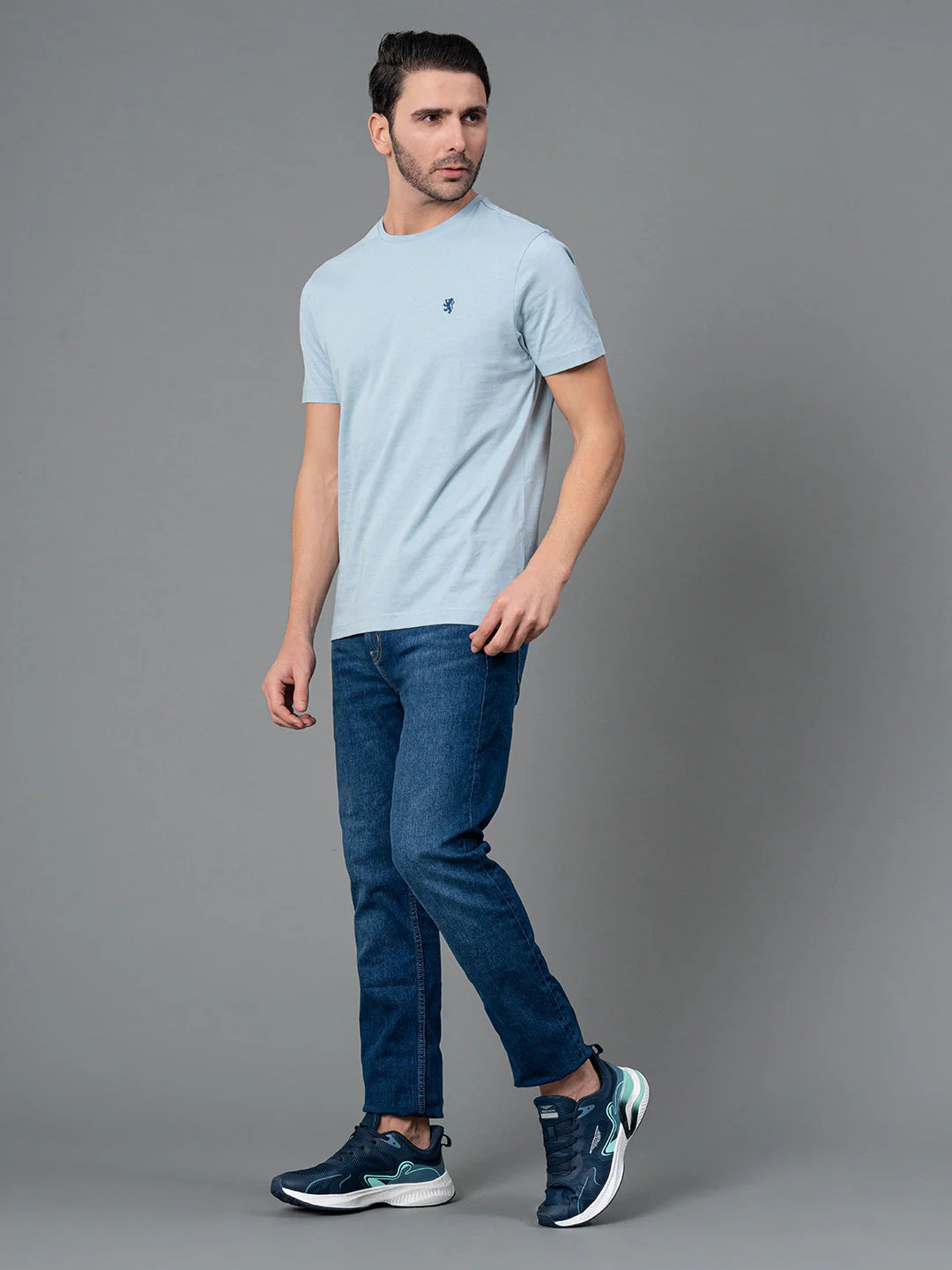 Solid Sky Blue Round Neck T-Shirt for Men - Image 5