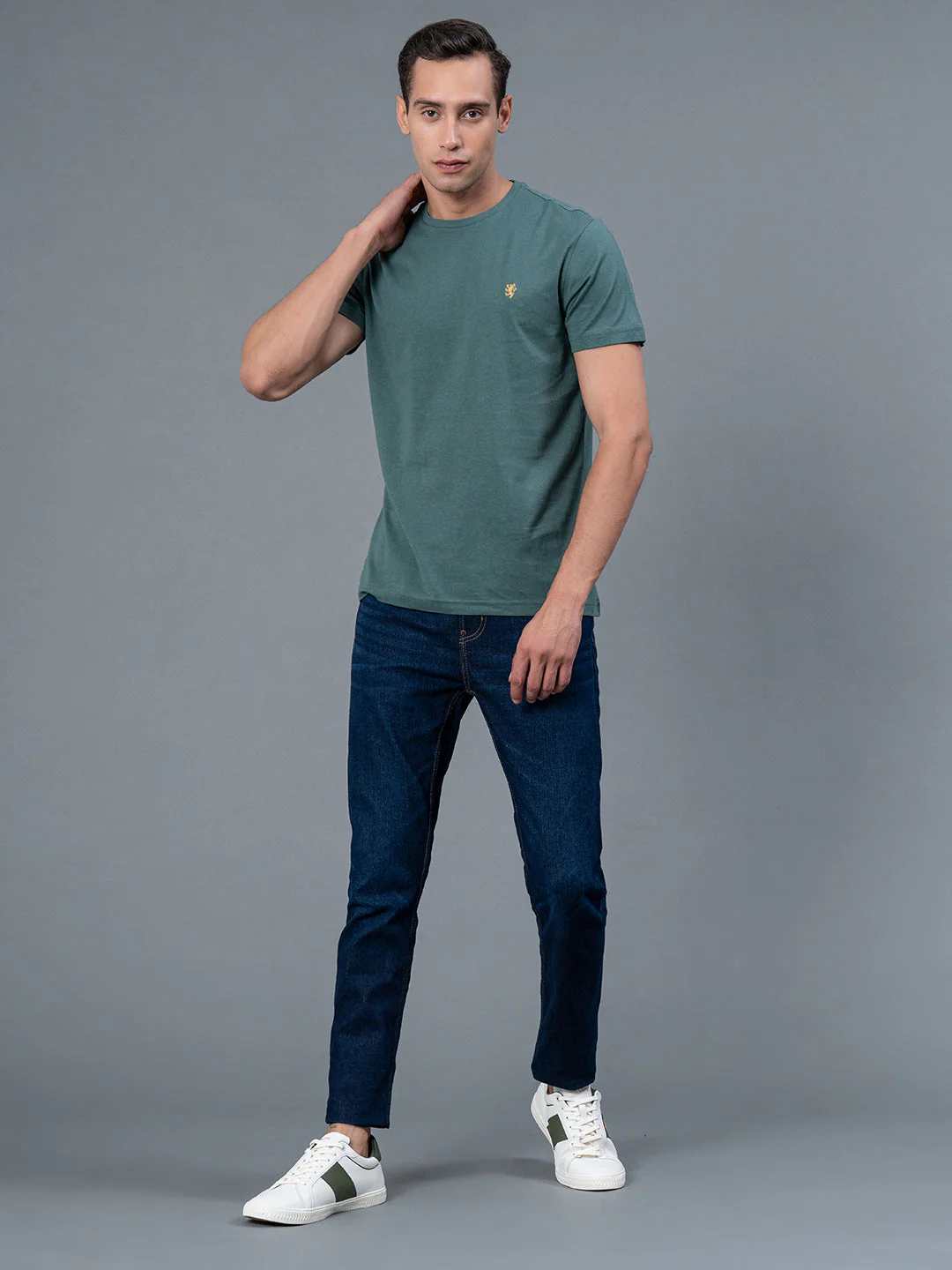 Solid Slate Green Round Neck T-Shirt for Men - Image 5