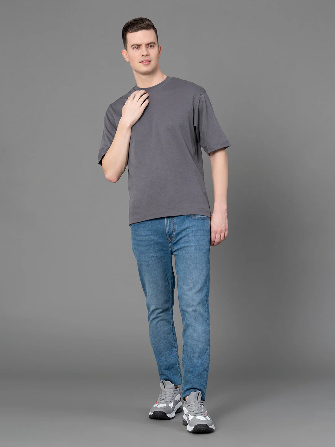 Stone Grey Oversized Round Neck T-Shirt for Men - Image 5