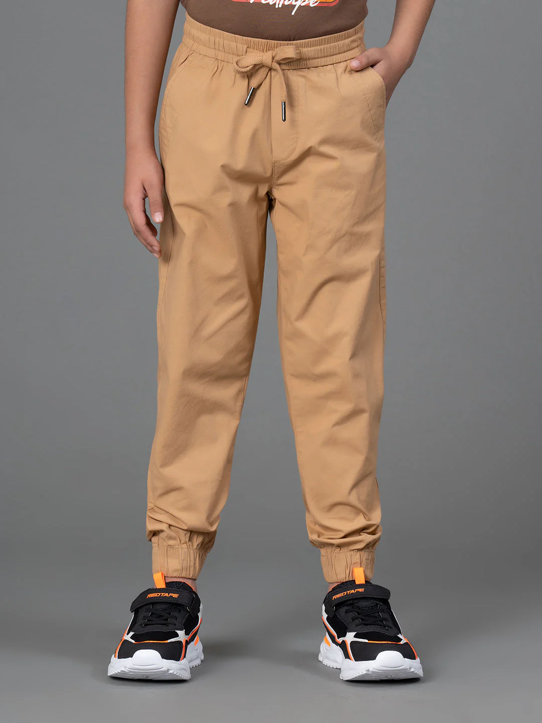 Tan Solid Cotton Spandex Boy's Jogger