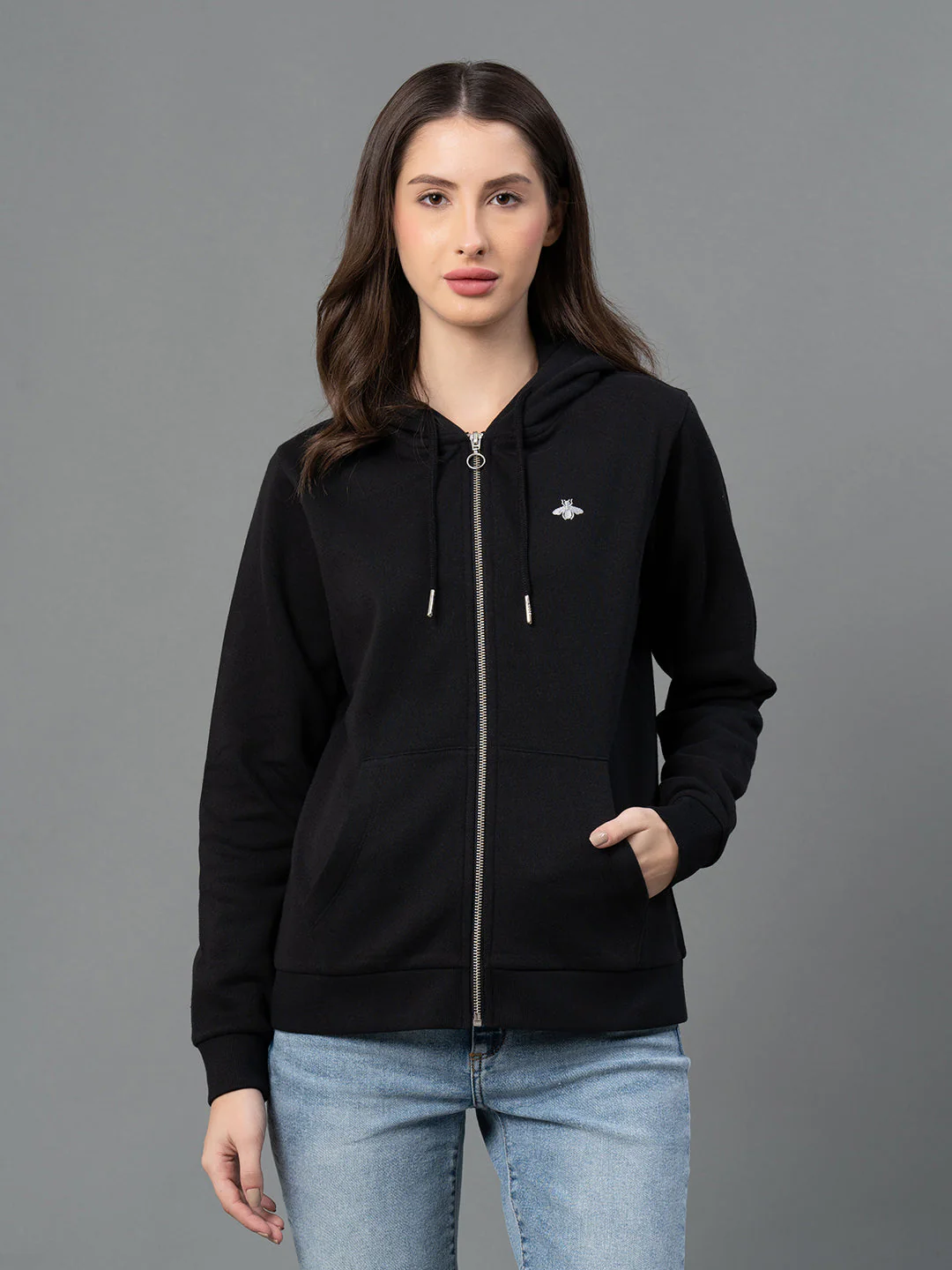 Women Black Solid Hoodie