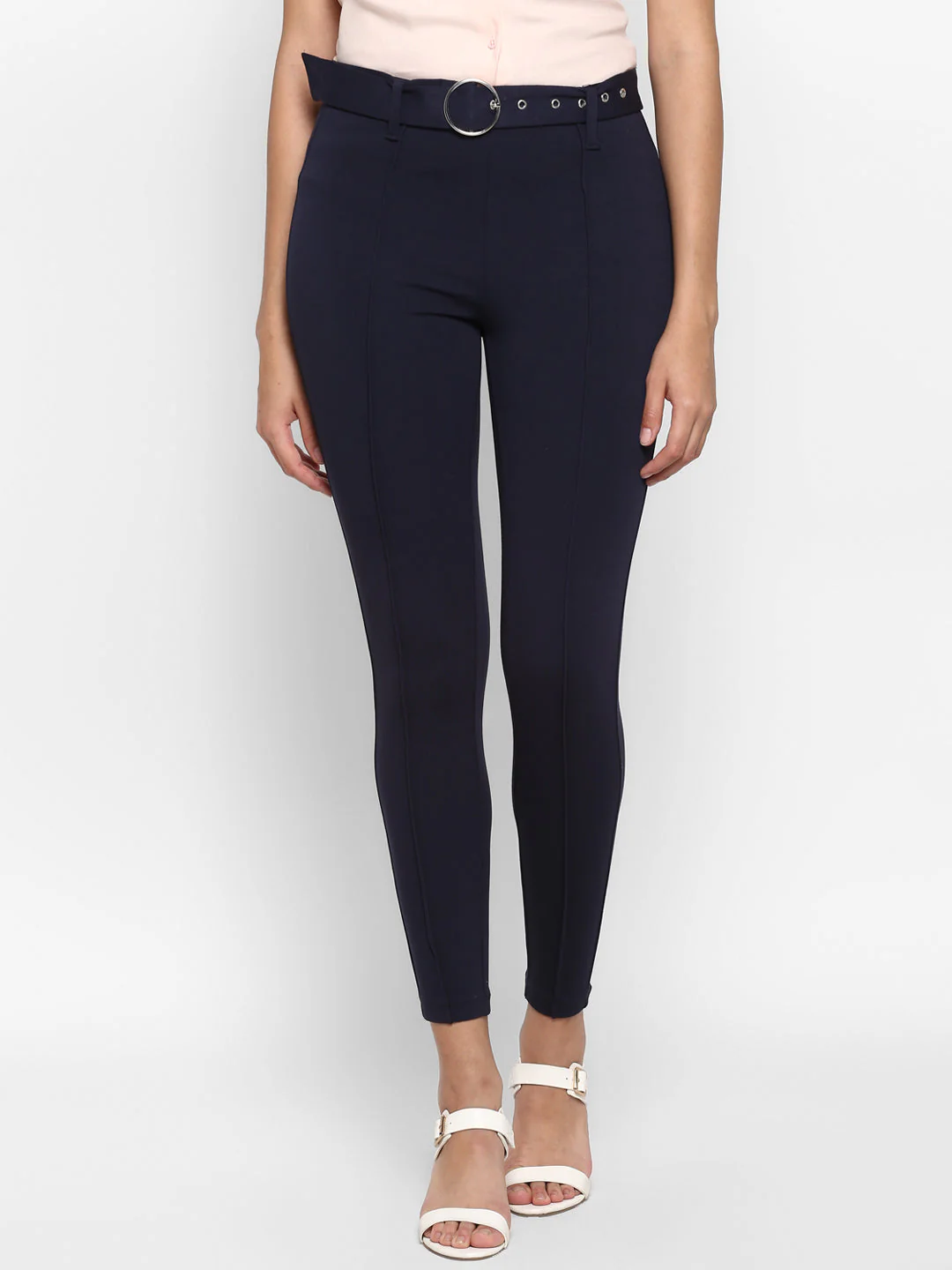 Women Navy Blue Solid Rayon Nylon Stretched Jegging