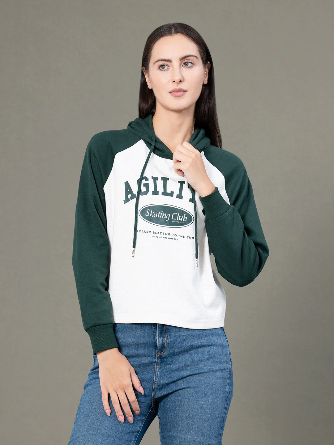 Women's Beige Melange Poly Cotton Graphic Print Colorblock Reglan Sleeve Hoodie