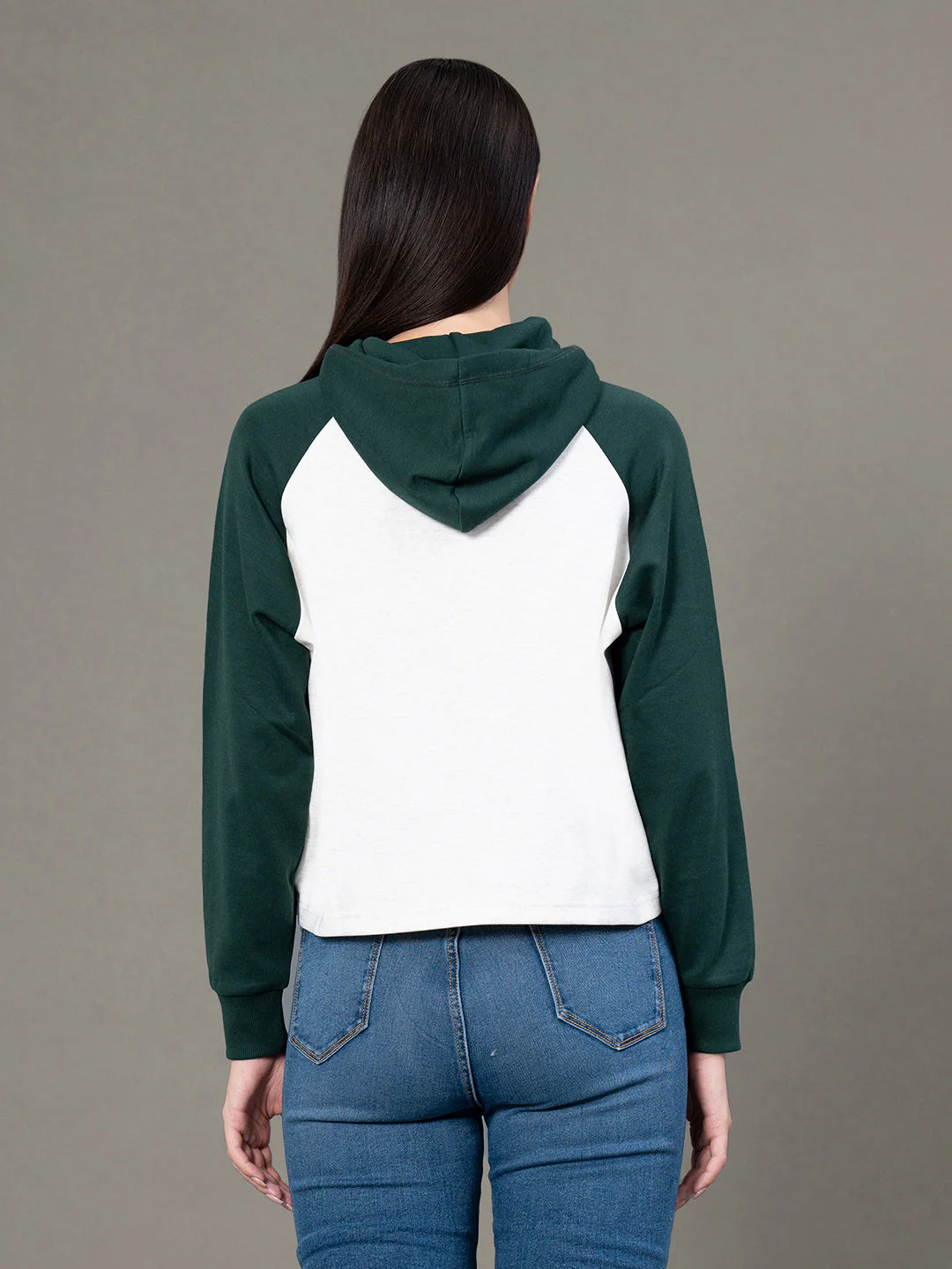 Women's Beige Melange Poly Cotton Graphic Print Colorblock Reglan Sleeve Hoodie - Image 3