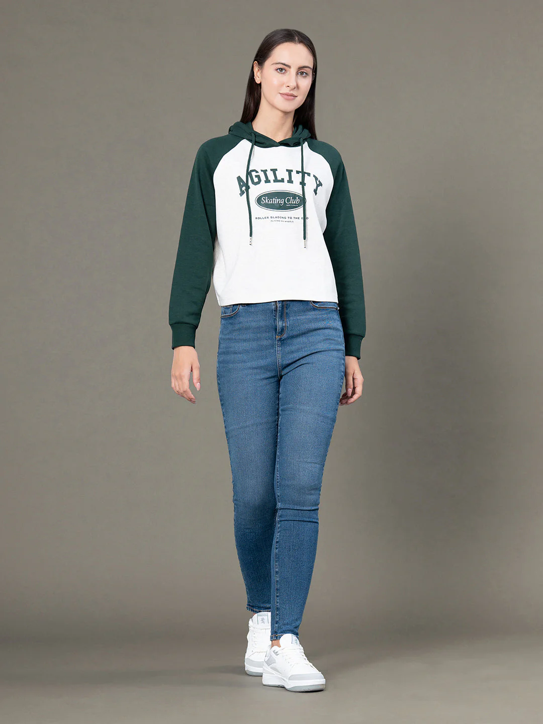 Women's Beige Melange Poly Cotton Graphic Print Colorblock Reglan Sleeve Hoodie - Image 5