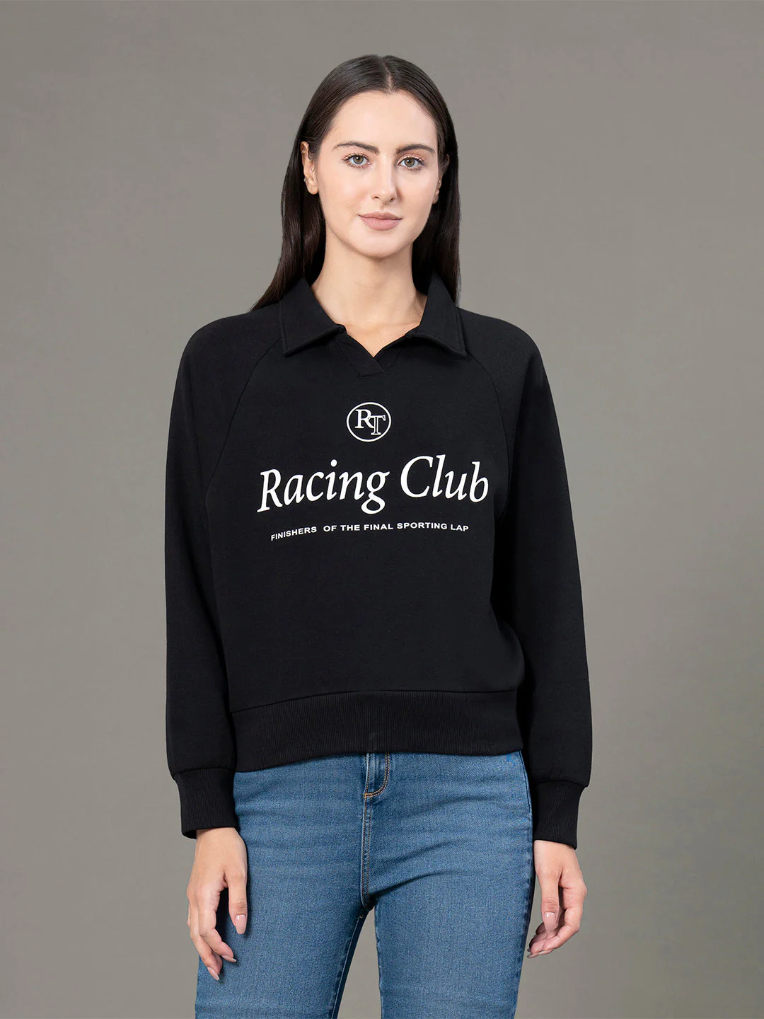 Women's Black Poly Cotton Fleece Graphic Print Collared Sweatshirt