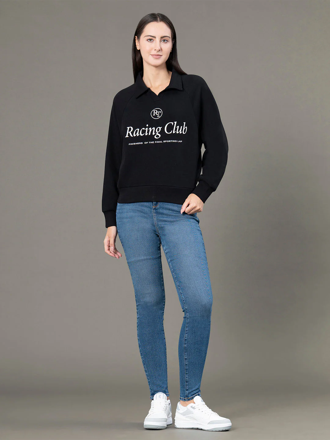 Women's Black Poly Cotton Fleece Graphic Print Collared Sweatshirt - Image 5