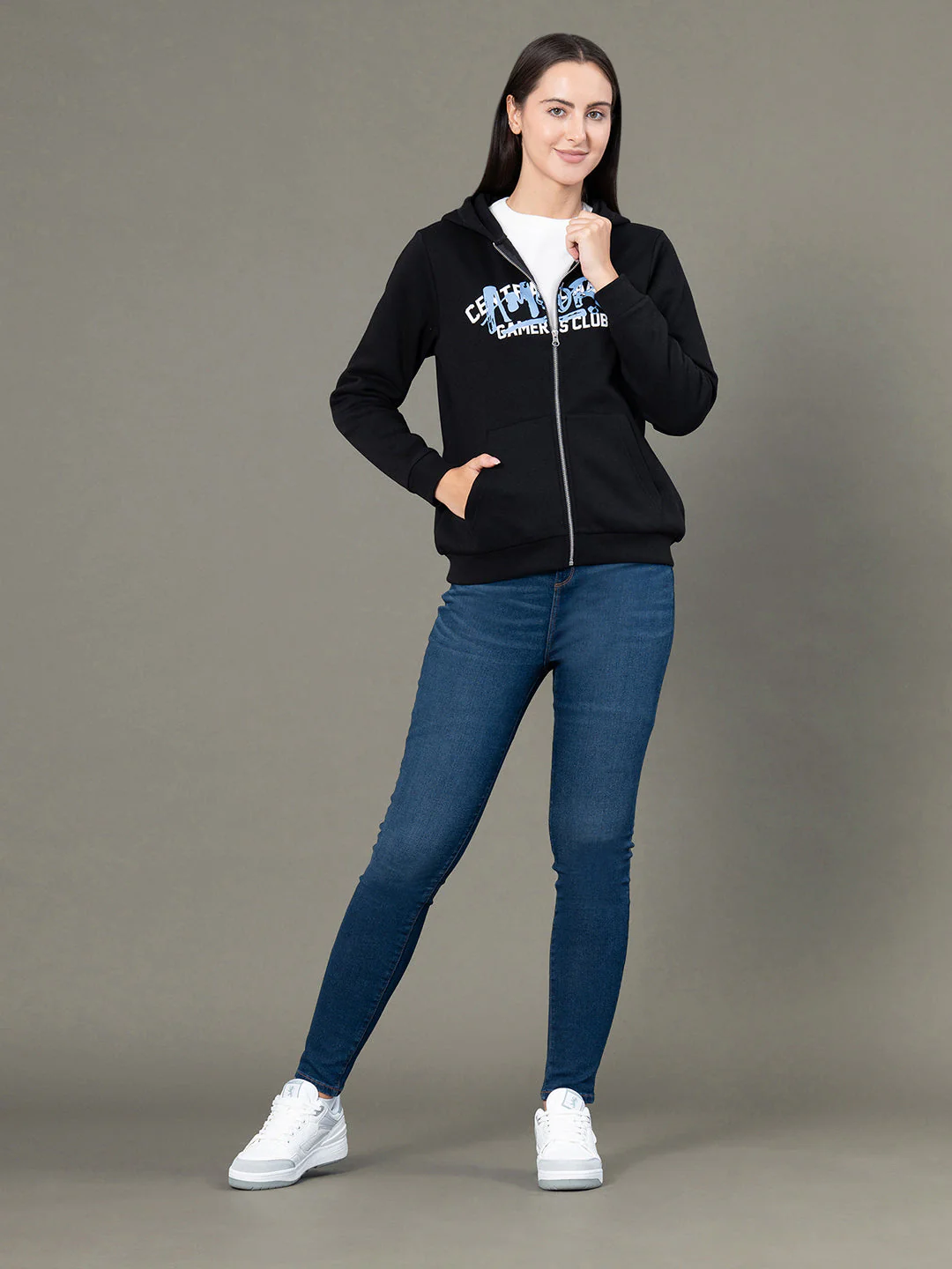 Women's Black Poly Cotton Fleece Graphic Print Zipper Hoodie - Image 5