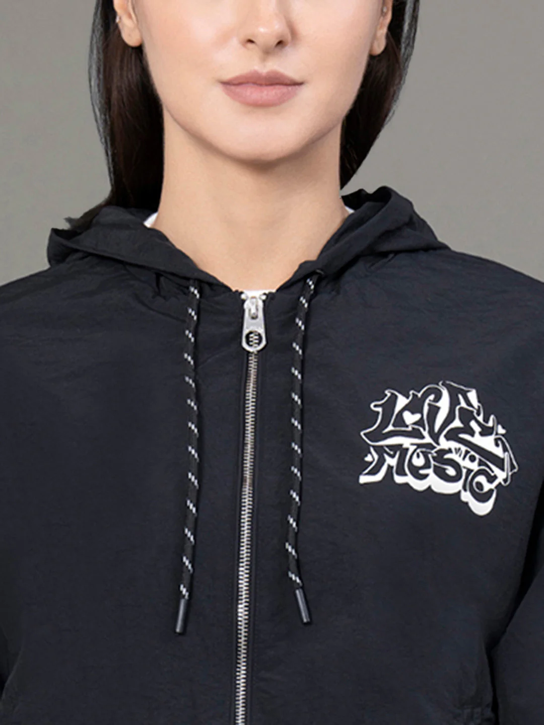 Women's Black Polyamide Graphic Print Windcheater Jacket - Image 4