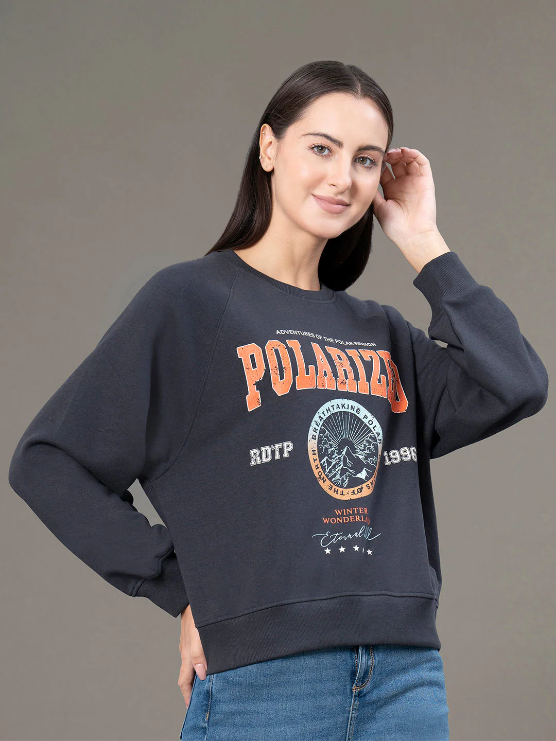 Women's Charcoal Grey Poly Cotton Fleece Graphic Print Reglan Sleeve Hoodie - Image 2