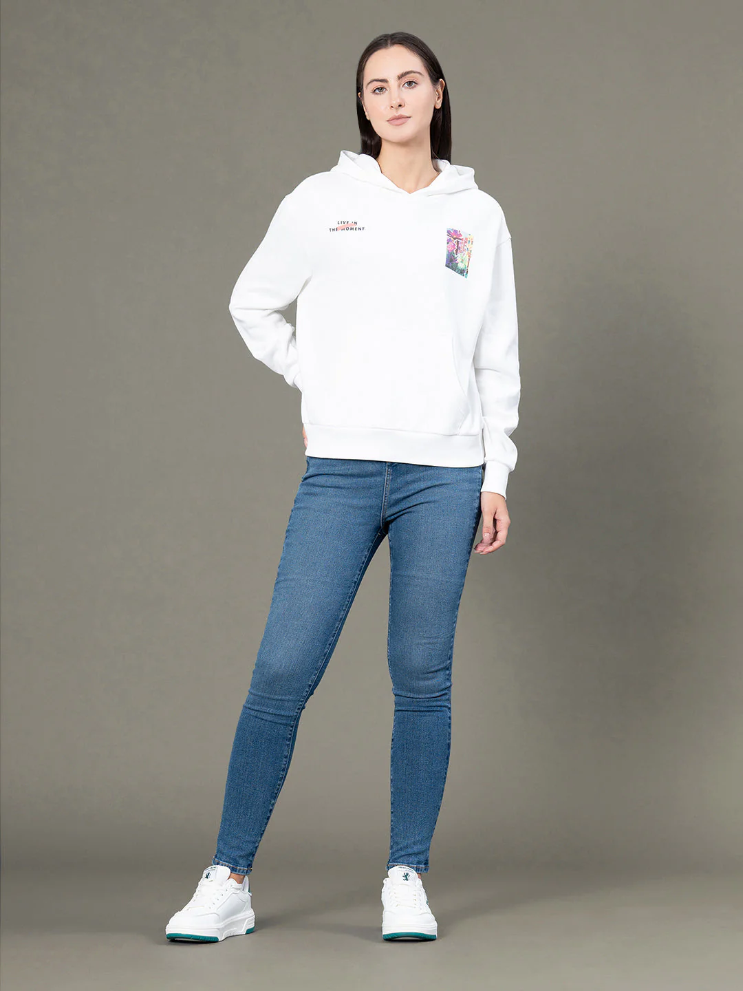 Women's Off White Poly Cotton Fleece Graphic Print Hoodie - Image 5