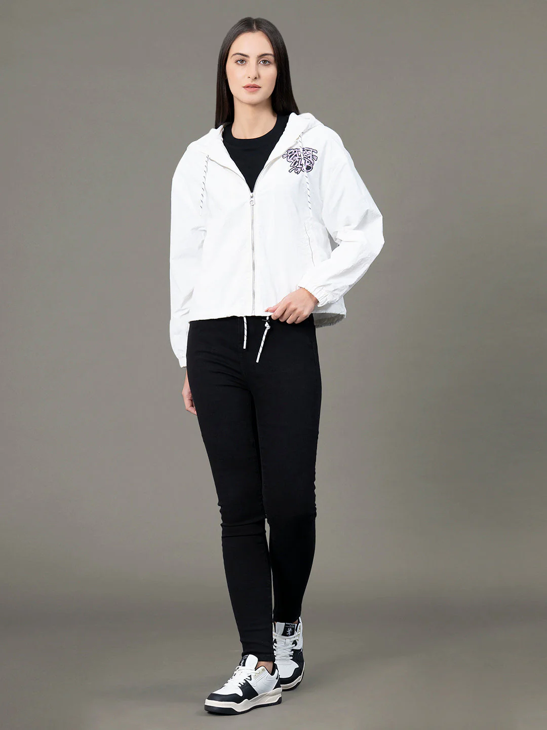 Women's Off White Polyamide Graphic Print Windcheater Jacket - Image 5