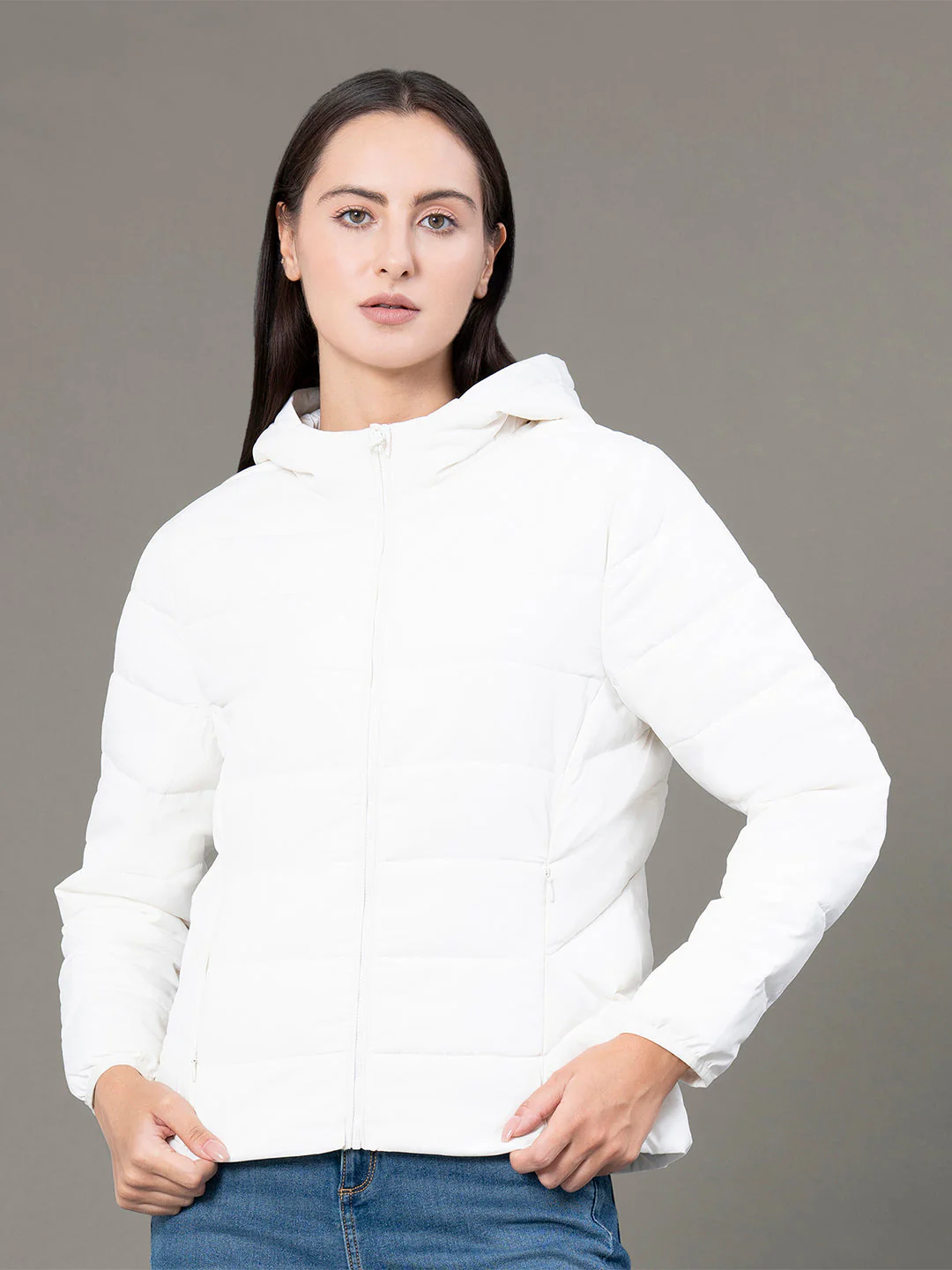 Women's Off White Polyester Solid Padded Jacket