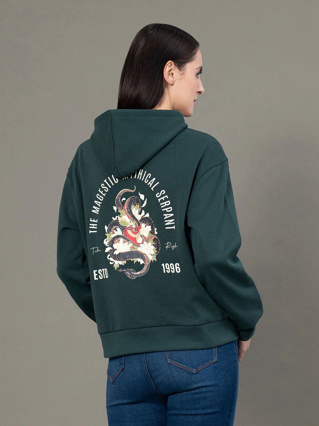 Women's Pine Green Poly Cotton Fleece Graphic Print Hoodie - Image 3