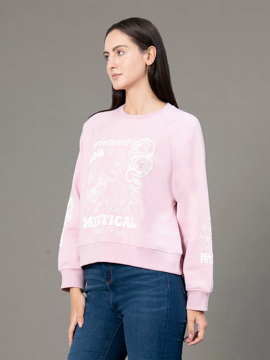 Women's Powder Pink Poly Cotton Fleece Graphic Print Reglan Sleeve Hoodie - Image 2