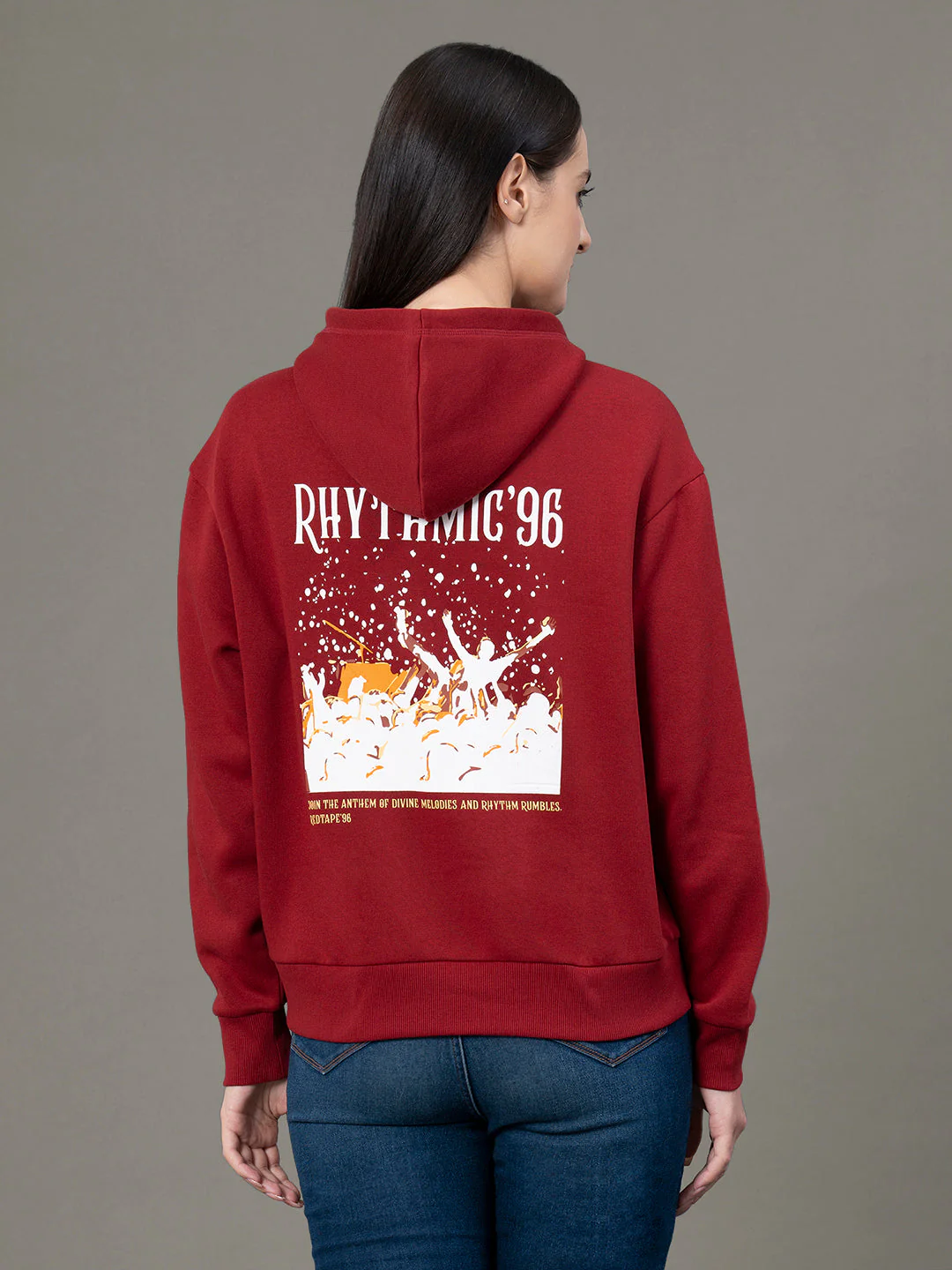 Women's Red Poly Cotton Fleece Graphic Print Hoodie - Image 3