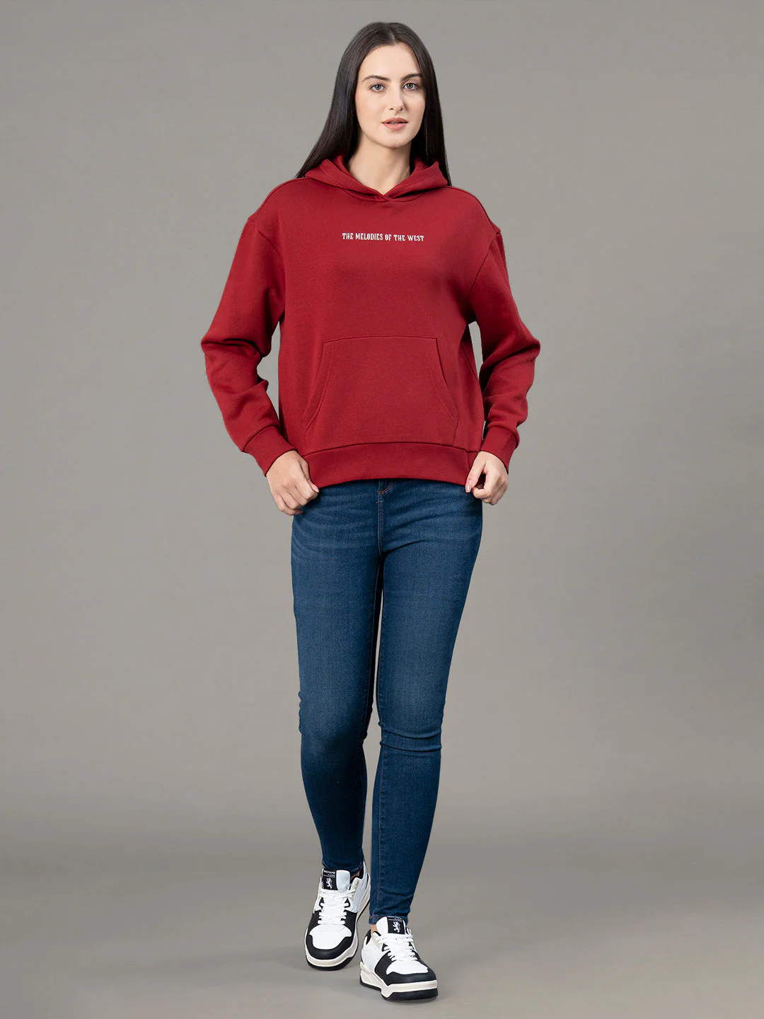 Women's Red Poly Cotton Fleece Graphic Print Hoodie - Image 5