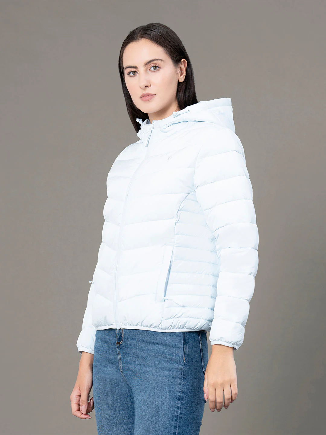 Women's Sky Blue Polyester Solid Hooded Padded Jacket - Image 2